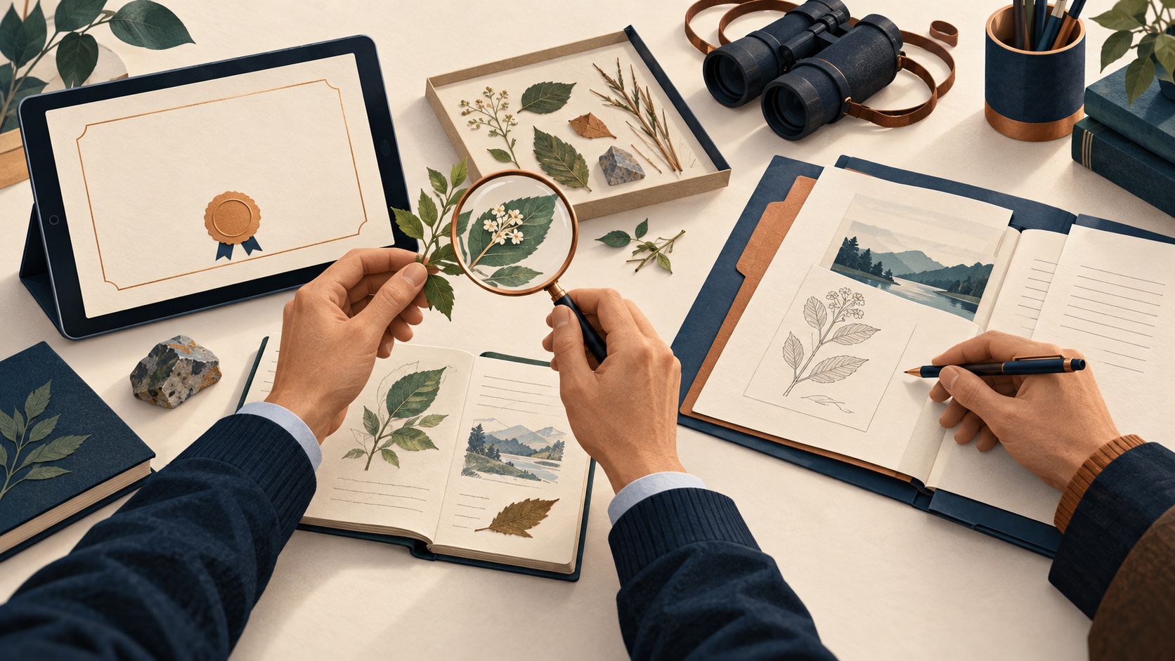 Su un tavolo, un attestato su tablet affianca l’esame di campioni botanici con una lente e una cartella di valutazione aperta.
